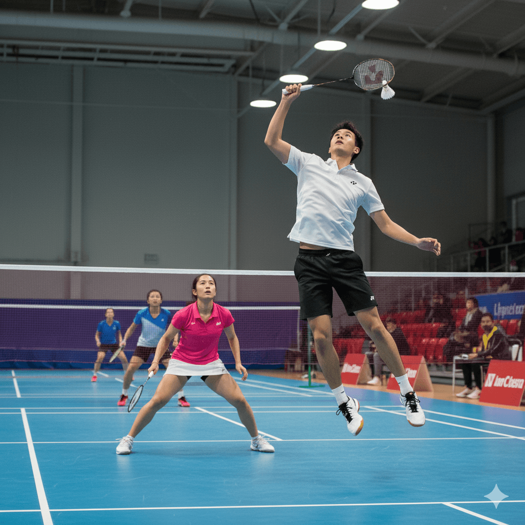 Badminton court with shuttlecocks