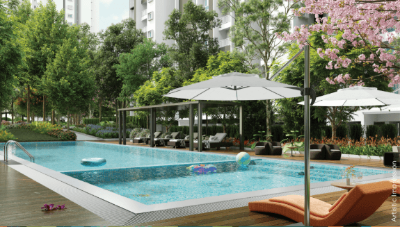 Outdoor swimming pool with lounge chairs